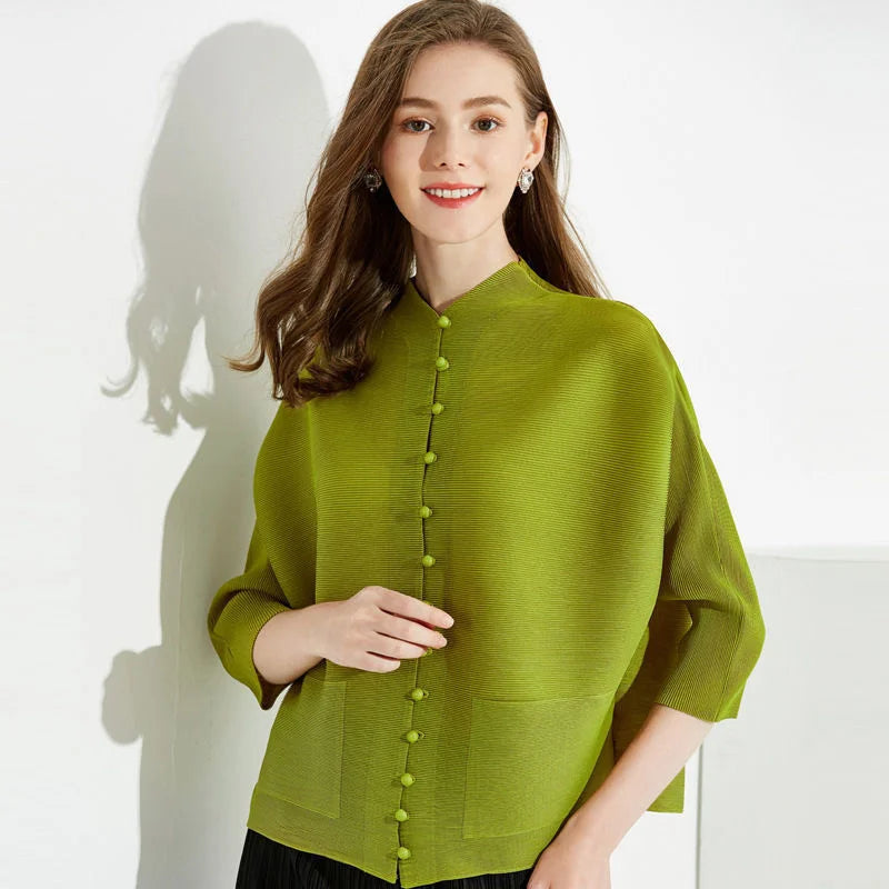 Woman Clothing T-shirt Bat Sleeves Loose and Pleated Small Jacket Women's Single-breasted Pocket Design Pleated Semi-Turtleneck - The world bestselling 