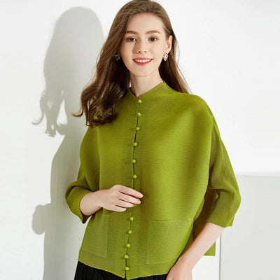 Woman Clothing T-shirt Bat Sleeves Loose and Pleated Small Jacket Women's Single-breasted Pocket Design Pleated Semi-Turtleneck - The world bestselling 