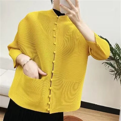 Woman Clothing T-shirt Bat Sleeves Loose and Pleated Small Jacket Women's Single-breasted Pocket Design Pleated Semi-Turtleneck - The world bestselling 