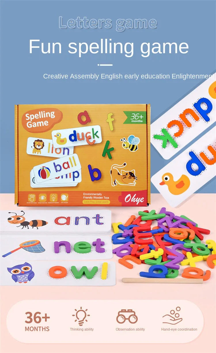 52pcs English Alphabet Spelling Word Wooden Educational Toys for Kids Baby Puzzles Montessori Games with 28pcs Learning Cards