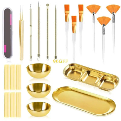 96GF 29Pcs Esthetician Supplies 6 Blackhead Remover Tools 3 Stainless Steel Gold Mixing Bowls 3 Compartment Serving Tray