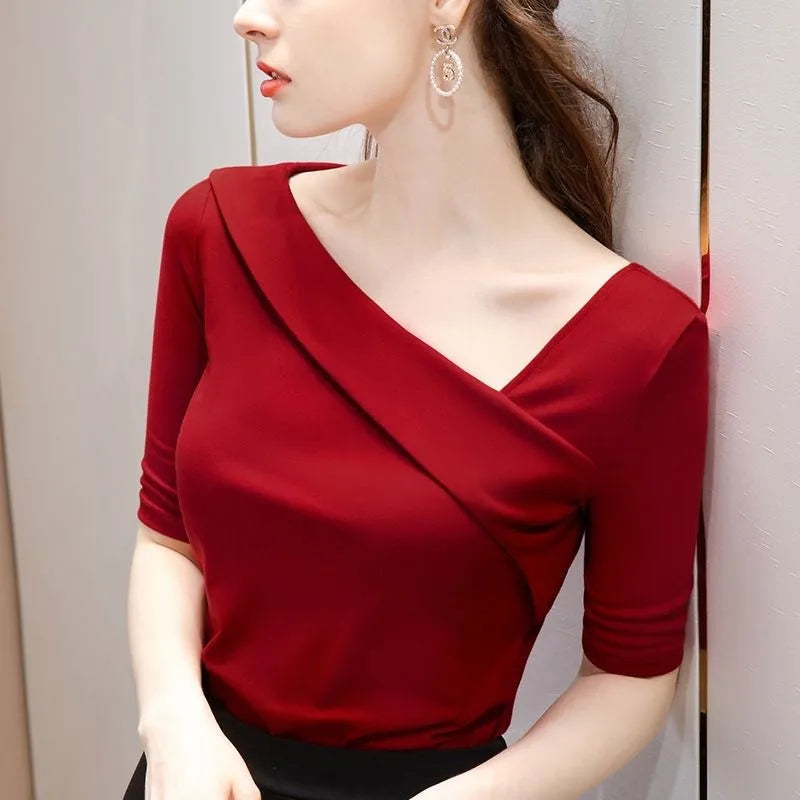 Woman's Clothing Basic T-Shirts Tops Lady Slim Short Sleeve Skew Collar Sheath Blouse Tops SS055 - The world bestselling 