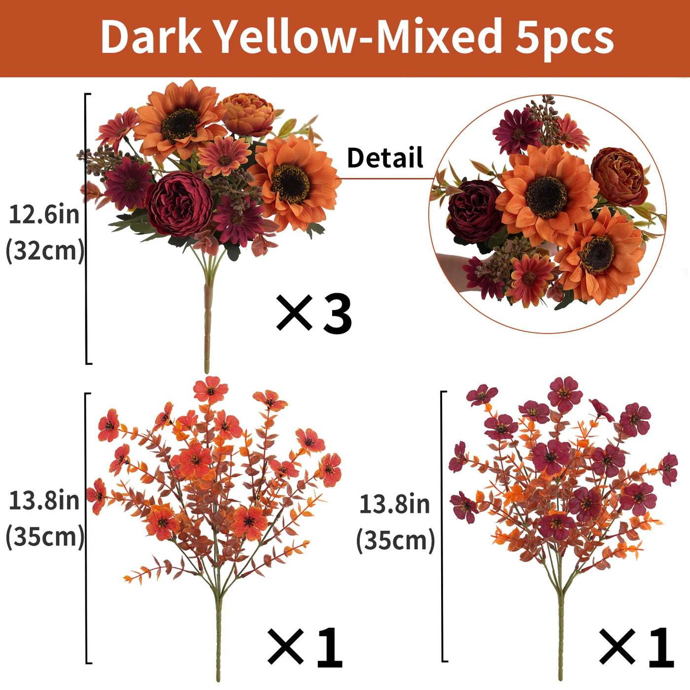 5pcs autumn artificial sunflowers, peonies & daisy. Great for home room wedding  Thanksgiving, Halloween，Indoor，outdoor decor