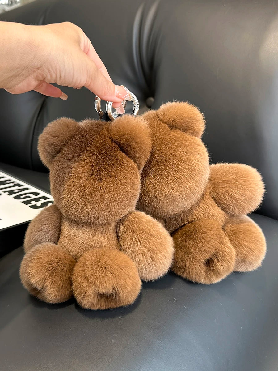 Fashion New Cute Bear Keychain Real Rabbit Fur Bear Doll Pendant Toys Keyring Handbag Charm Ornament Plush Jewelry Gifts