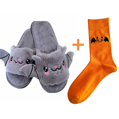 Halloween New Bat Plush Shoes Lightweight Home Fuzzy Slippers Women Men Flip Flops Cartoon Kid Adults Flat Slides for Party - The world bestselling 