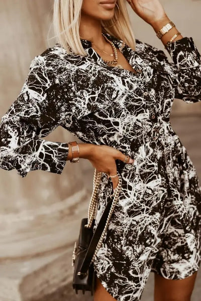 Women's Clothing  Spring and Summer  Commuter Waist Collection V-Neck Tie Long Sleeve Printed Pullover Shirt Dress - The world bestselling 