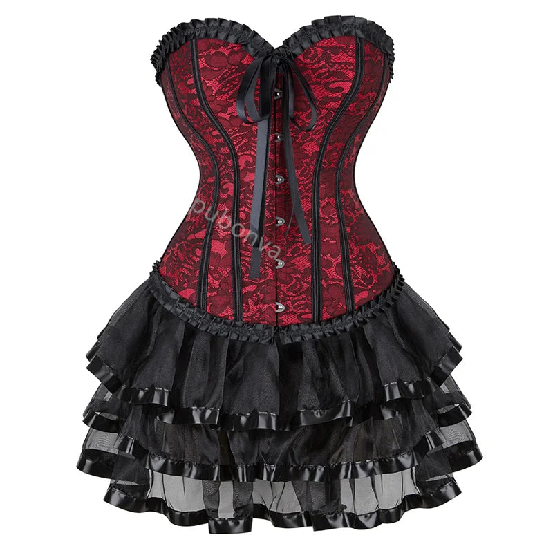 Corset Dress Tutu Skrits Set Overbust With Lace Costume Party Sexy Burlesque Ladies Outfit Plus Size Gothic Halloween Red Black - The world bestselling 