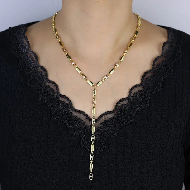 2025 new fashion gold color ladies inlaid zircon Y necklace paper clip necklace shiny jewelry