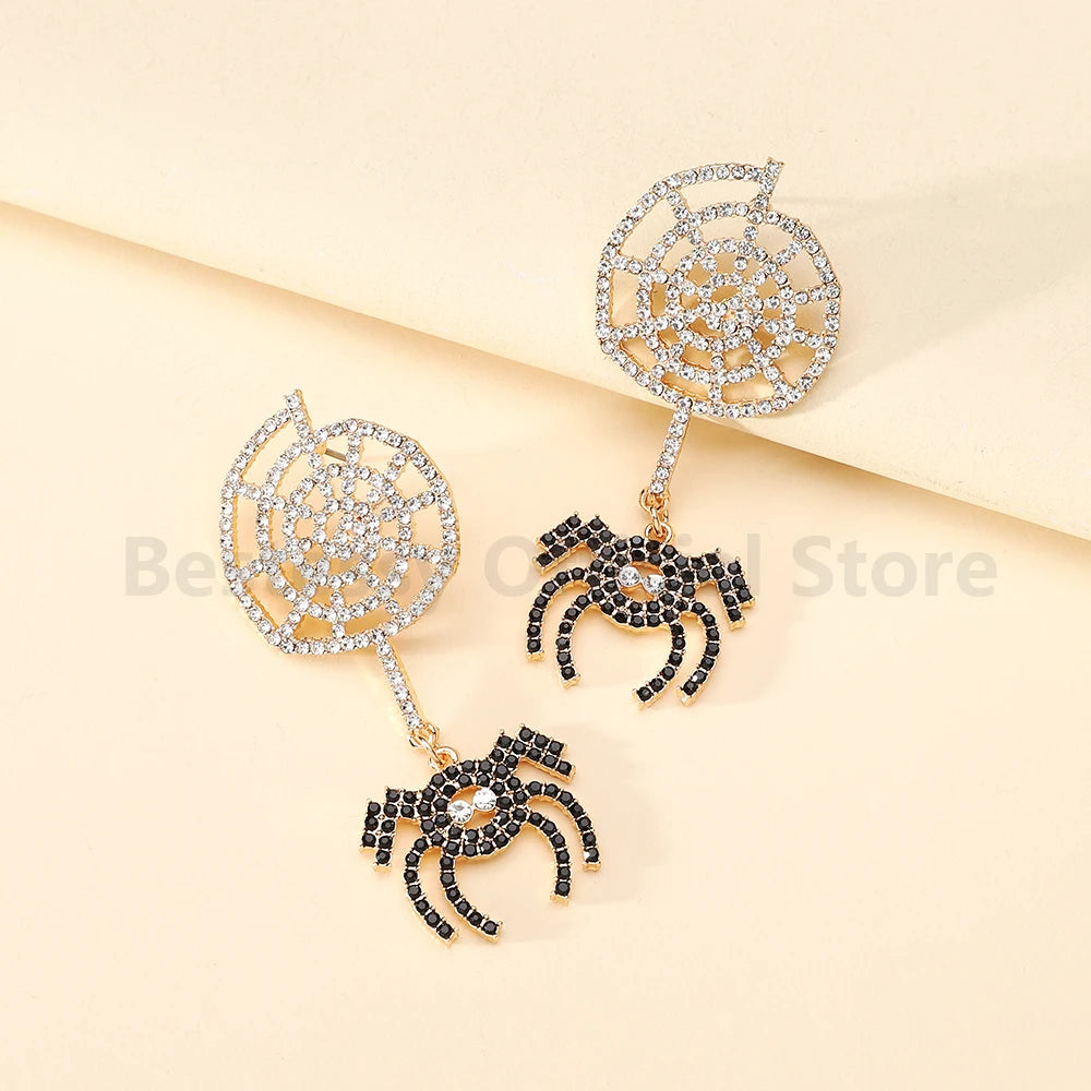 Funny Halloween Jewelry Women's Rhinestone Spider Web Dangle Earrings Party Prom Holiday Gift Accessories