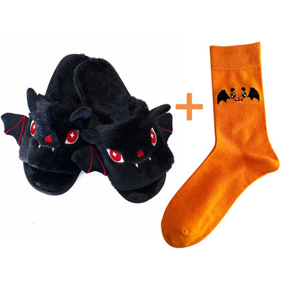 Halloween New Bat Plush Shoes Lightweight Home Fuzzy Slippers Women Men Flip Flops Cartoon Kid Adults Flat Slides for Party - The world bestselling 