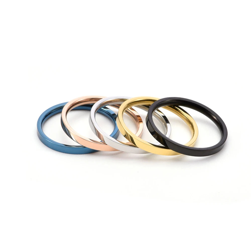 Korean Couple Rings for Women & Men Titanium Steel 2mm Thin Band Minimalist Jewelry Polished Smooth Stackable Matching Rings