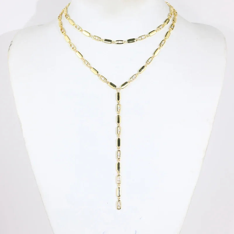 2025 new fashion gold color ladies inlaid zircon Y necklace paper clip necklace shiny jewelry