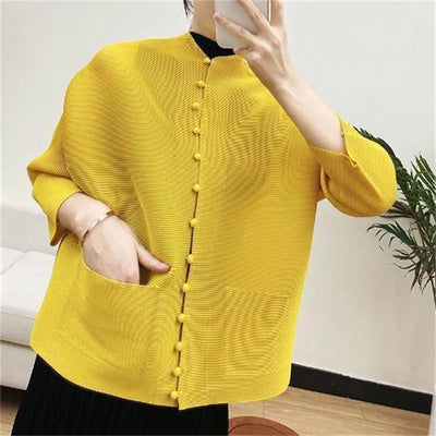 Woman Clothing T-shirt Bat Sleeves Loose and Pleated Small Jacket Women's Single-breasted Pocket Design Pleated Semi-Turtleneck - The world bestselling 