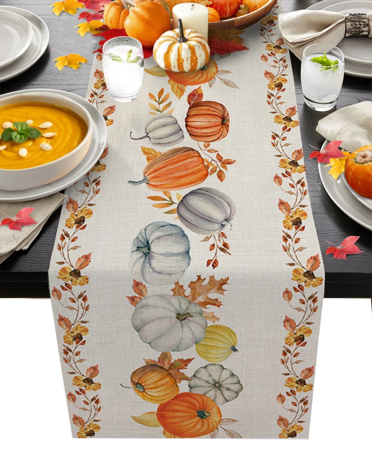 Thanksgiving Autumn Pumpkin Maple Leaf Dining Table Runner Wedding Decor Linen Table Runner Dining Table Christmas Decoration