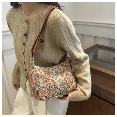 Women Small Underarm Bag Chinese Style Shoulder Bag Versatile Literary Prints Cloth Crescent Pack Portable Women's Handbags