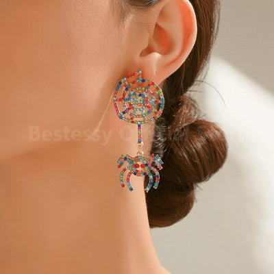Funny Halloween Jewelry Women's Rhinestone Spider Web Dangle Earrings Party Prom Holiday Gift Accessories