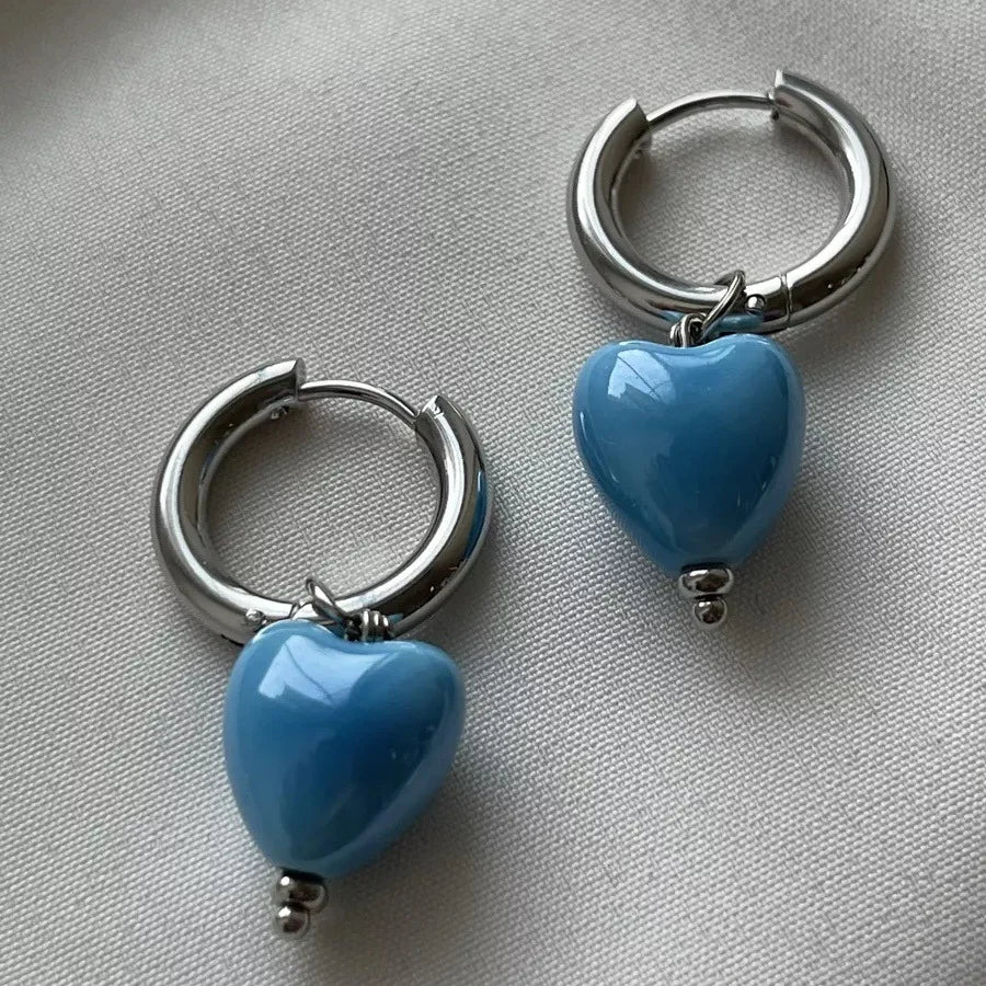 Stylish Elegant Sweet Biue Ceramic Heart Shape Pendant Earrings for Women Stainless Steel Double Ring Ear Cuffs Charm Jewelry