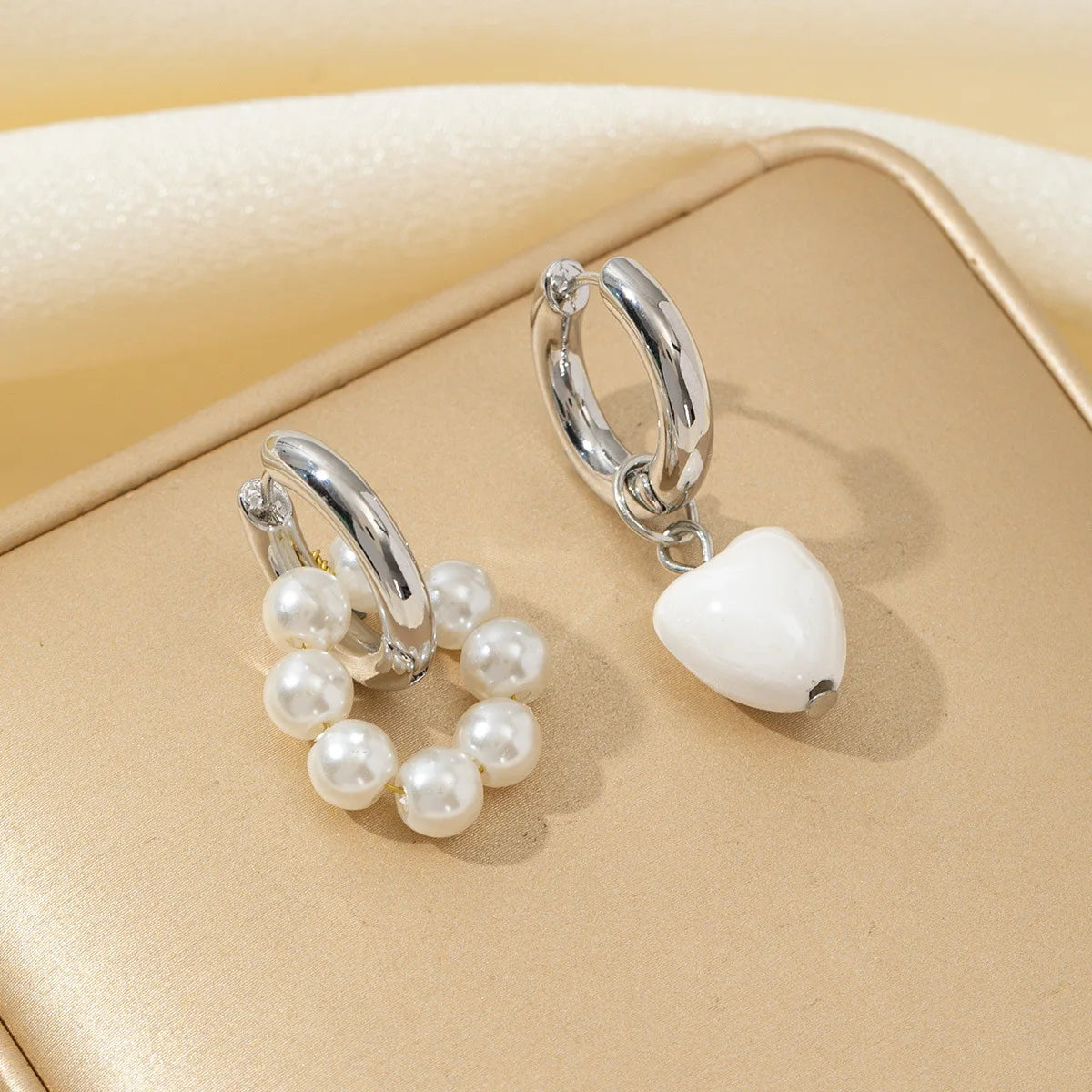 Stylish Elegant Sweet Biue Ceramic Heart Shape Pendant Earrings for Women Stainless Steel Double Ring Ear Cuffs Charm Jewelry