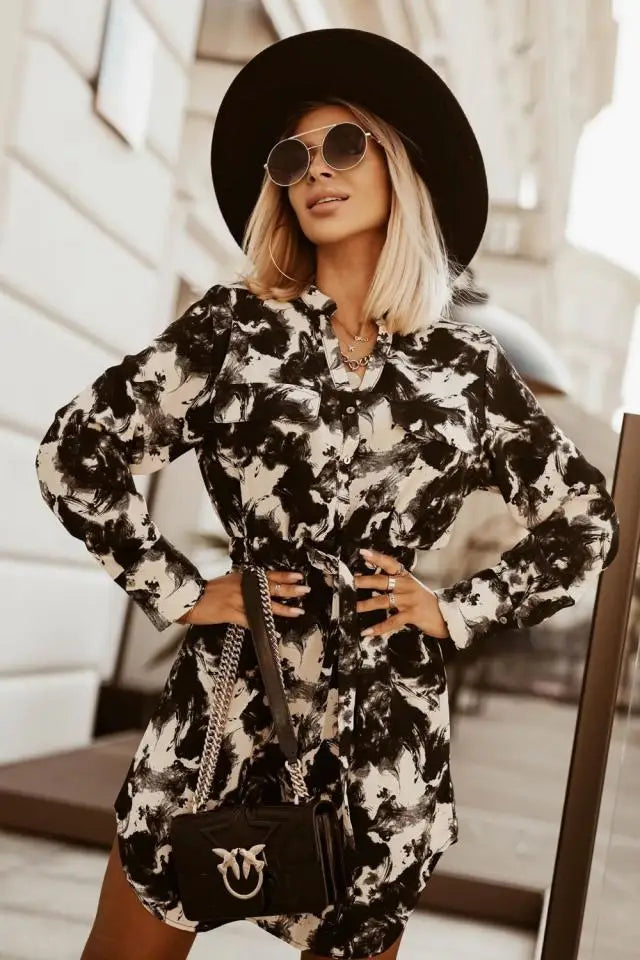 Women's Clothing  Spring and Summer  Commuter Waist Collection V-Neck Tie Long Sleeve Printed Pullover Shirt Dress - The world bestselling 