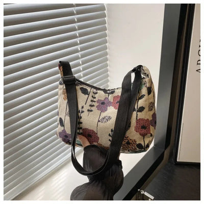 Women Small Underarm Bag Chinese Style Shoulder Bag Versatile Literary Prints Cloth Crescent Pack Portable Women's Handbags