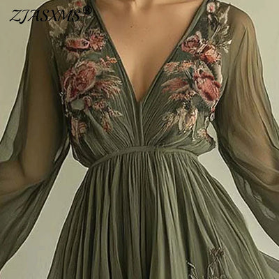Women's Clothing Trend 2025 Spring Long Sleeve High Waist Evening Dresses Sexy V Neck Floral Printed Boho Holiday Dress Vestidos - The world bestselling 