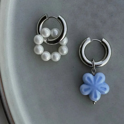 Stylish Elegant Sweet Biue Ceramic Heart Shape Pendant Earrings for Women Stainless Steel Double Ring Ear Cuffs Charm Jewelry