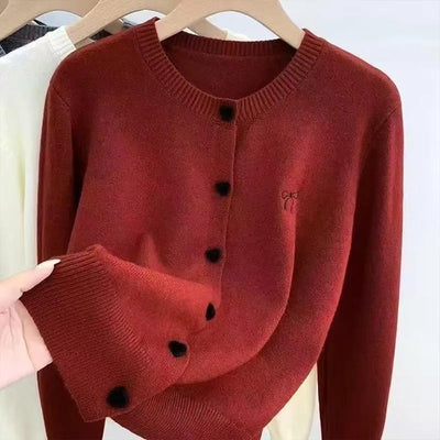 Women's Clothing Vintage Love Button Knit Cardigan Autumn/Winter Fashion All-match Bowknot Embroidery Sweaters Lady Elegant Tops - The world bestselling 
