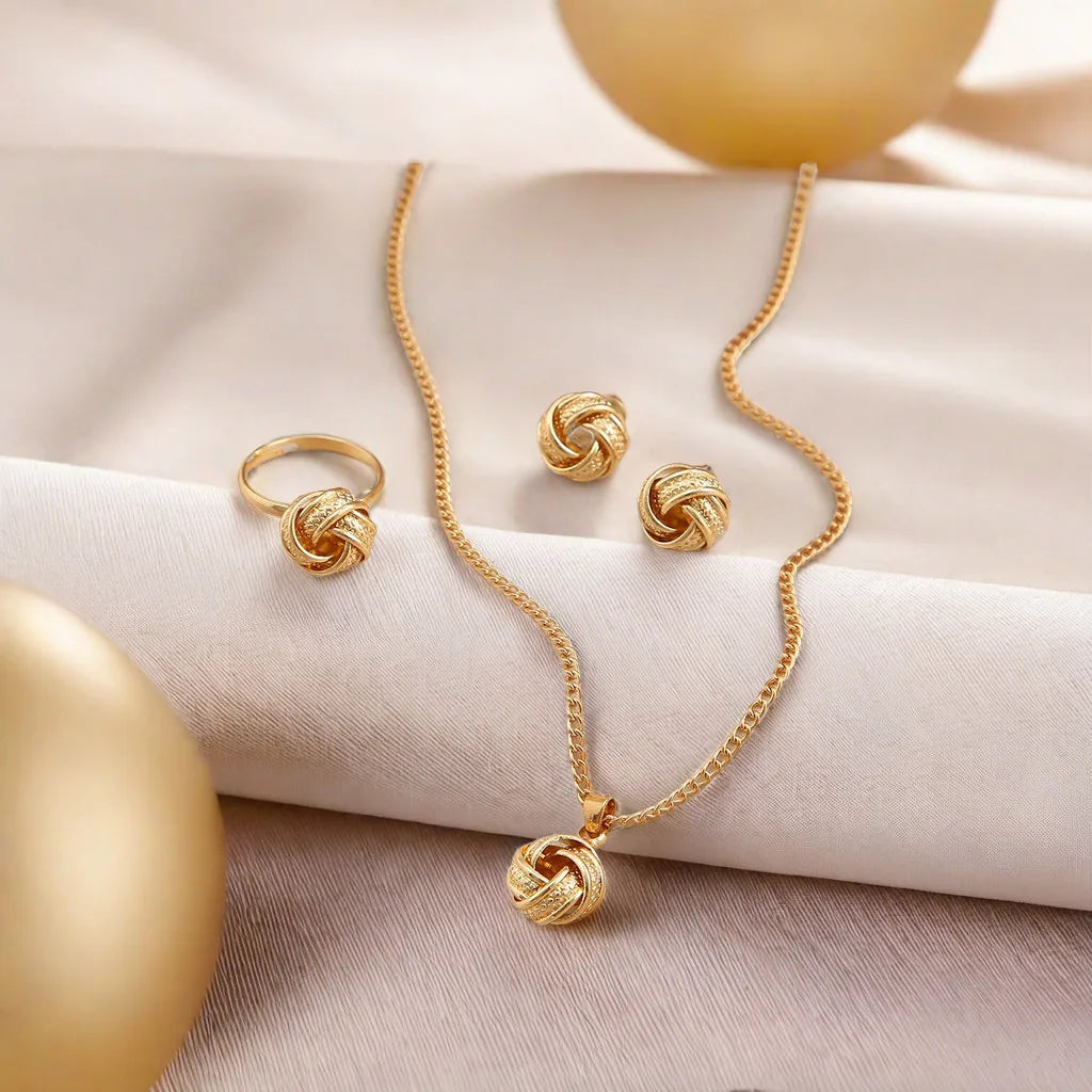 Fashionable light luxury metal jewelry three-piece wedding three-dimensional knotted ring earring necklace set jewelry