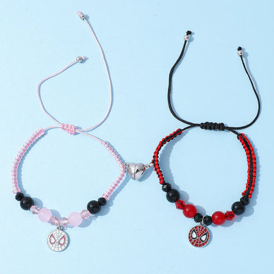 2pcs Marvel Spider-Man Couple Bracelets Set - Magnetic Heart Beads & Weave Design, Anime Superhero Jewelry for Men Women