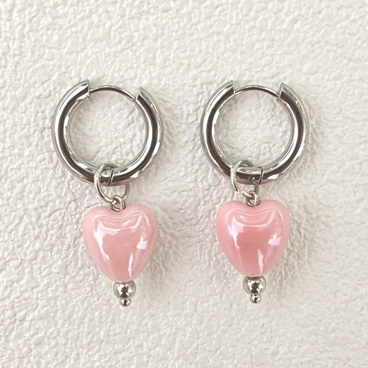 Stylish Elegant Sweet Biue Ceramic Heart Shape Pendant Earrings for Women Stainless Steel Double Ring Ear Cuffs Charm Jewelry