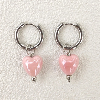 Stylish Elegant Sweet Biue Ceramic Heart Shape Pendant Earrings for Women Stainless Steel Double Ring Ear Cuffs Charm Jewelry