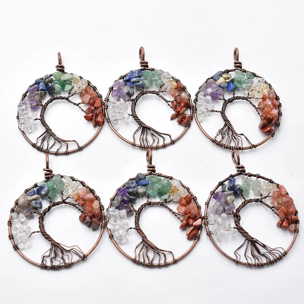 Wholesale 6pcs/lot new mixed natural stone Tree of life gold color wire wrapped Pendants 50mm for jewelry marking free shipping