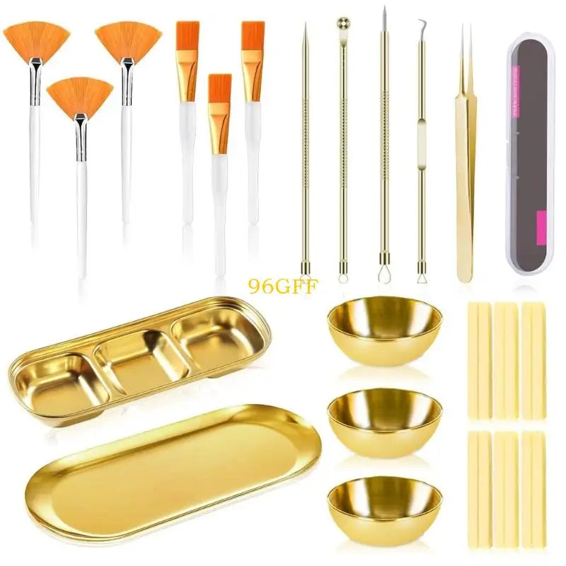 96GF 29Pcs Esthetician Supplies 6 Blackhead Remover Tools 3 Stainless Steel Gold Mixing Bowls 3 Compartment Serving Tray