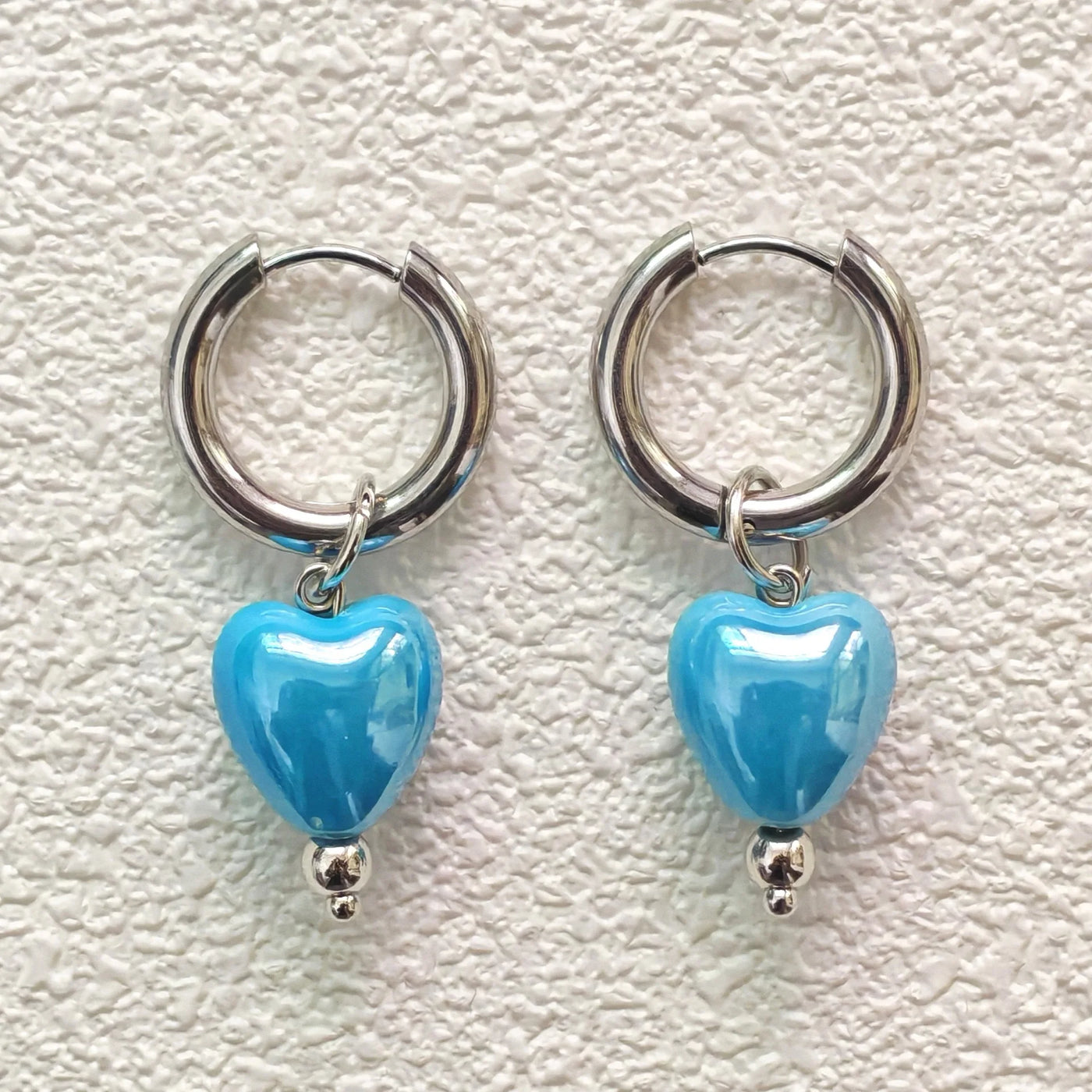 Stylish Elegant Sweet Biue Ceramic Heart Shape Pendant Earrings for Women Stainless Steel Double Ring Ear Cuffs Charm Jewelry