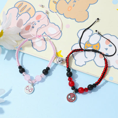 2pcs Marvel Spider-Man Couple Bracelets Set - Magnetic Heart Beads & Weave Design, Anime Superhero Jewelry for Men Women