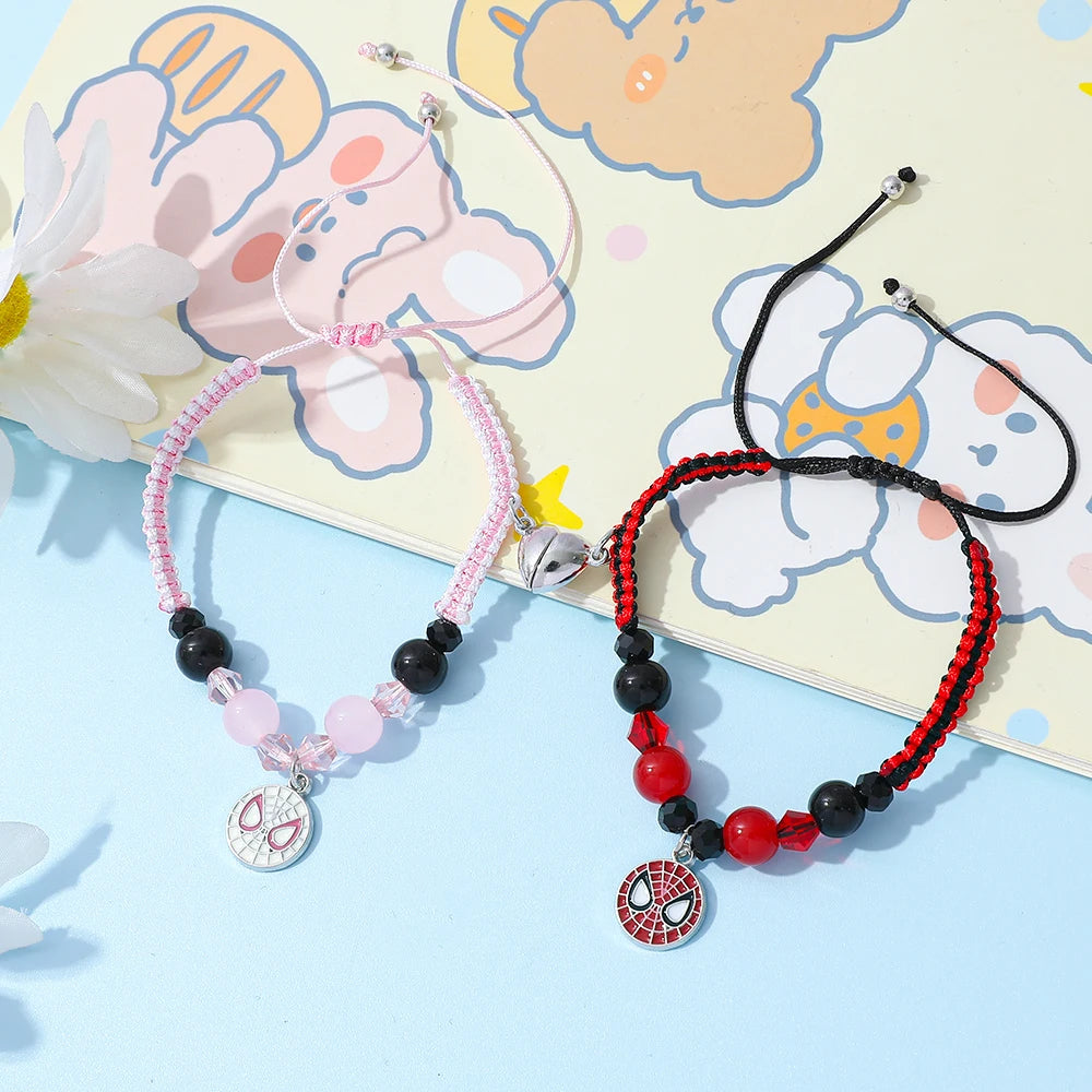 2pcs Marvel Spider-Man Couple Bracelets Set - Magnetic Heart Beads & Weave Design, Anime Superhero Jewelry for Men Women