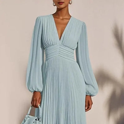 Woman Clothing 2025 Spring Sexy V Neck High Waist Pleated Long Dress New Autumn Long Sleeve Elegant Party Dresses Vestidos Mujer - The world bestselling 