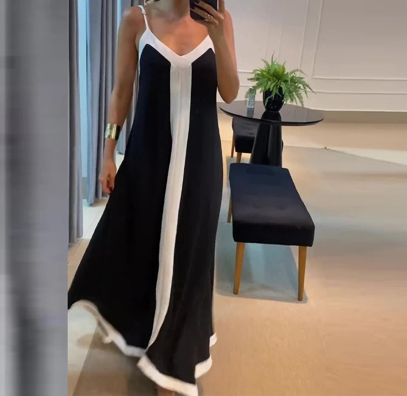 Women's Dress 2024 Summer Women's Clothing Fashion Elegant V-neck Casual Black and White Contrast Sleeveless Loose Long Dresses - The world bestselling 