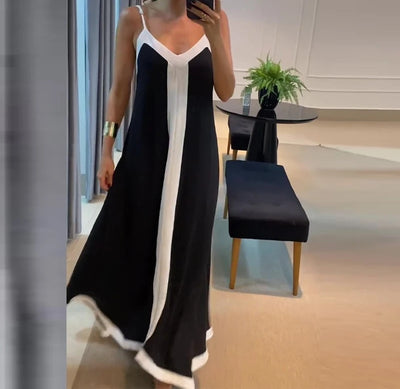 Women's Dress 2024 Summer Women's Clothing Fashion Elegant V-neck Casual Black and White Contrast Sleeveless Loose Long Dresses - The world bestselling 