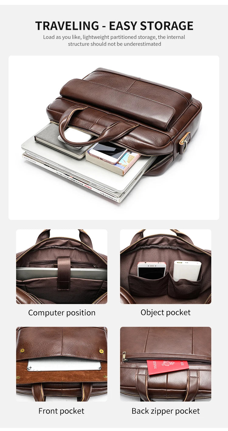 Men's Briefcase Leather Large Capacity Computer Business Shoulder Crossbody Bag Casual Cowhide Handbag For Men