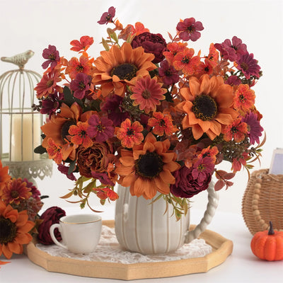 5pcs autumn artificial sunflowers, peonies & daisy. Great for home room wedding  Thanksgiving, Halloween，Indoor，outdoor decor