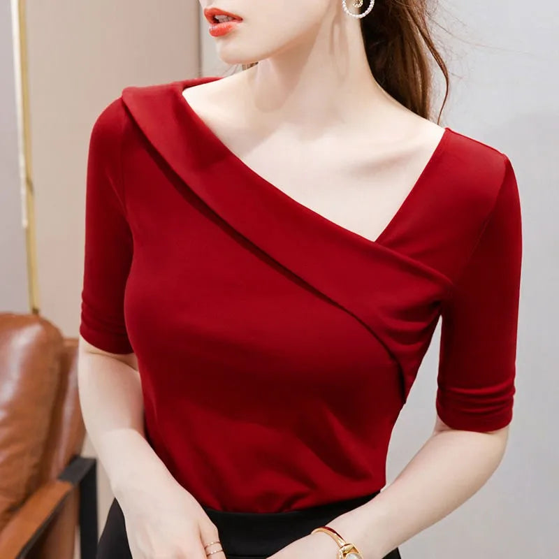 Woman's Clothing Basic T-Shirts Tops Lady Slim Short Sleeve Skew Collar Sheath Blouse Tops SS055 - The world bestselling 