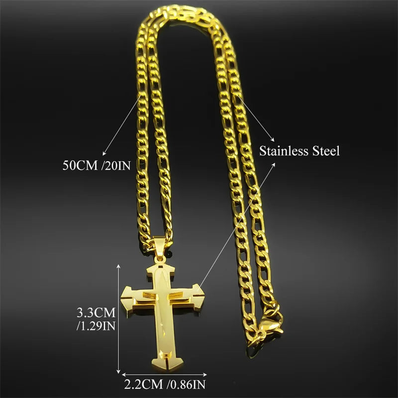 Christian Cross Pendant Necklace for Women Men Stainless Steel Gold Color Punk Religion Luxury Chain Jewery collar 8228-QKC