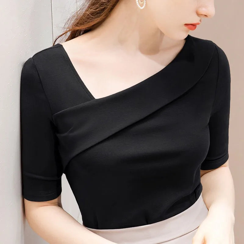 Woman's Clothing Basic T-Shirts Tops Lady Slim Short Sleeve Skew Collar Sheath Blouse Tops SS055 - The world bestselling 