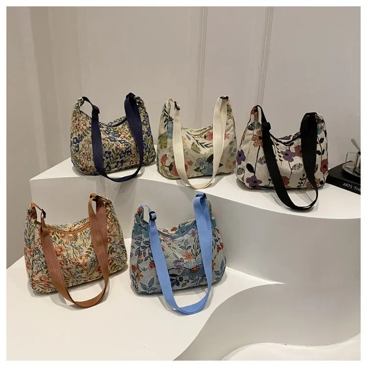 Women Small Underarm Bag Chinese Style Shoulder Bag Versatile Literary Prints Cloth Crescent Pack Portable Women's Handbags