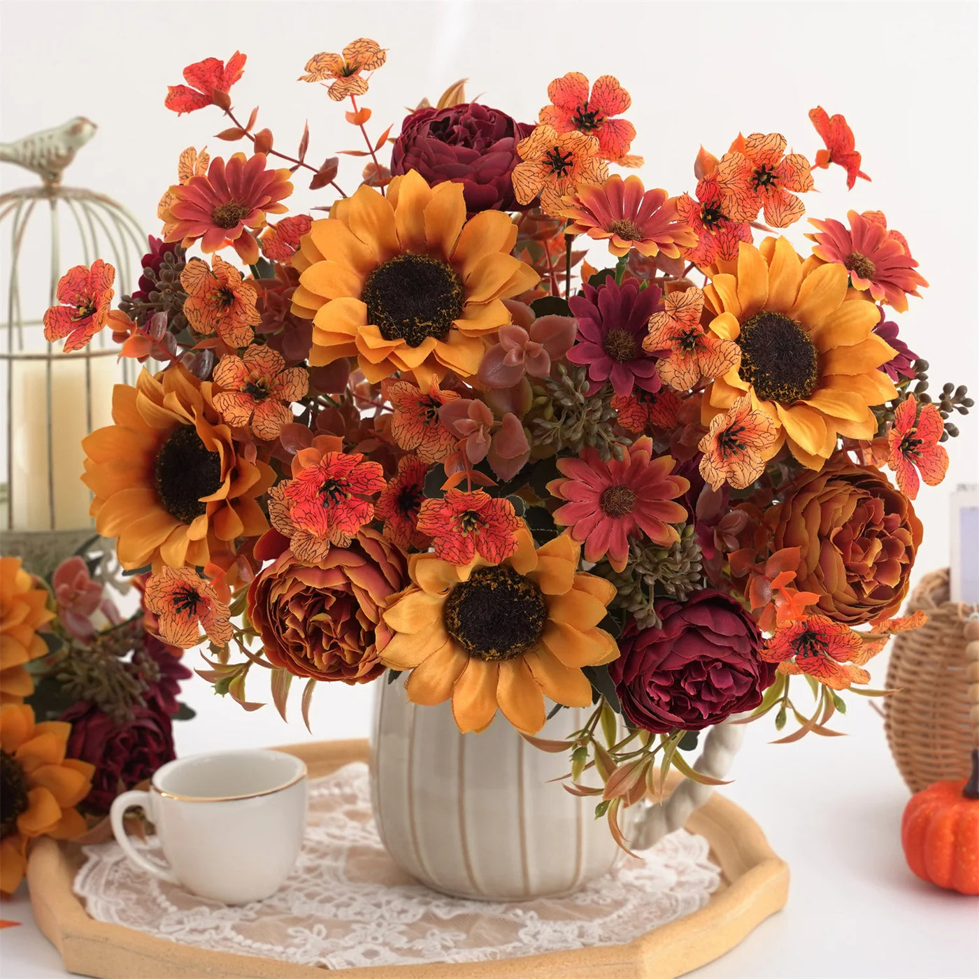 5pcs autumn artificial sunflowers, peonies & daisy. Great for home room wedding  Thanksgiving, Halloween，Indoor，outdoor decor