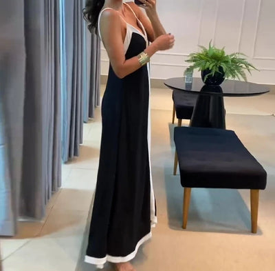 Women's Dress 2024 Summer Women's Clothing Fashion Elegant V-neck Casual Black and White Contrast Sleeveless Loose Long Dresses - The world bestselling 