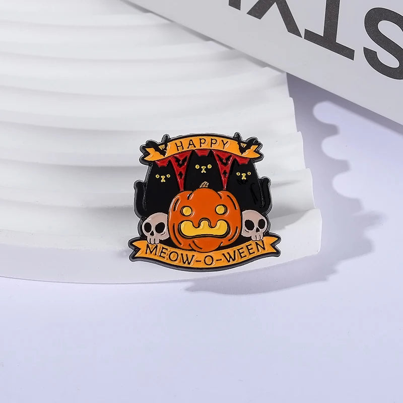 Happy Halloween Brooch Spooky  Skull Pumpkin Cat Enamel Pins Custom Meow-O-Ween Brooches Clothes Lapel Badge Funny Jewelry Gifts - The world bestselling 