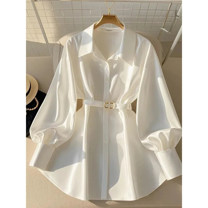 Women Clothing White Temperament Loose Shirt Tops Spring Autumn New Polo Neck Long Sleeve Solid Elegant Blouse Fashion Vintage - The world bestselling 