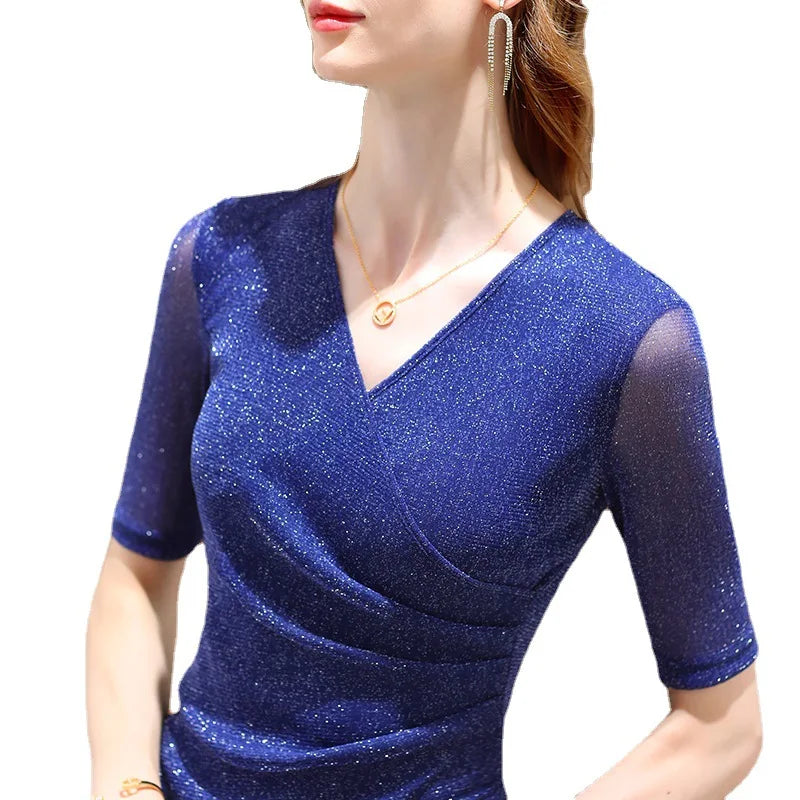 Women's Clothing 2022 Latest Fashion Blouses Elegant Summer T Shirt Free Shiping Elastic Glitter Blouses or Tops for Woman - The world bestselling 